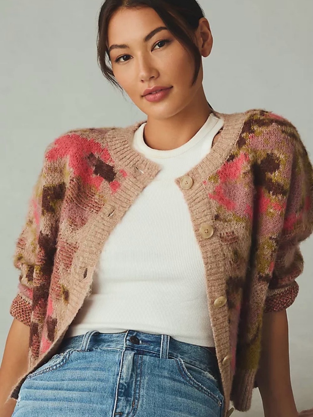 Anthropologie Taupe Floral-Print Chunky Button Cardigan // NWT // 1x